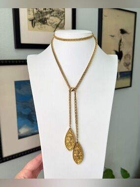 Vintage Gold Tone Double Drop Slide Lariat Necklace 60’s 70’s MCM Mid Century